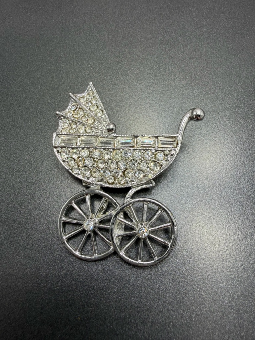 Vintage Rhinestone Baby Carriage Brooch - Silver Tone